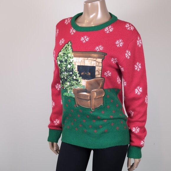 Ugly Christmas Festive Holiday Sweater Cozy Fireplace Snowflake Santa Party - Picture 4 of 7